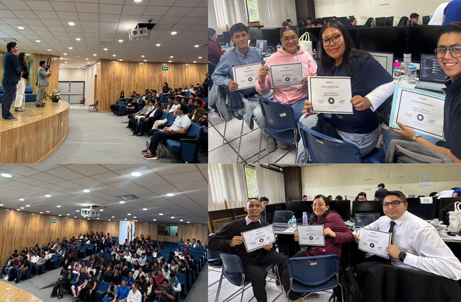 Collage of four photos showing students in university lecture halls and students proudly holding their Platzi course diplomas.